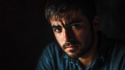 Obraz premium Intense close-up portrait of a young man with a serious expression. (1)
