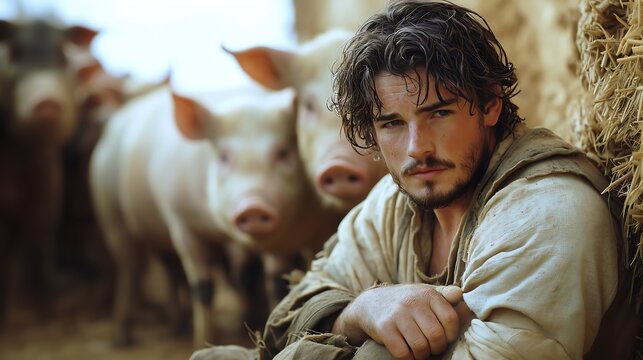 the prodigal son eating with the pigs, the stories and parables of jesus. O Filho pr&oacute;digo em meio aos porcos