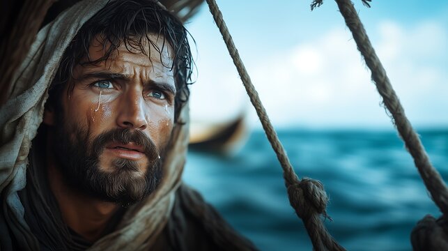 Disciple Peter in a boat, crying with regret for having betrayed Jesus