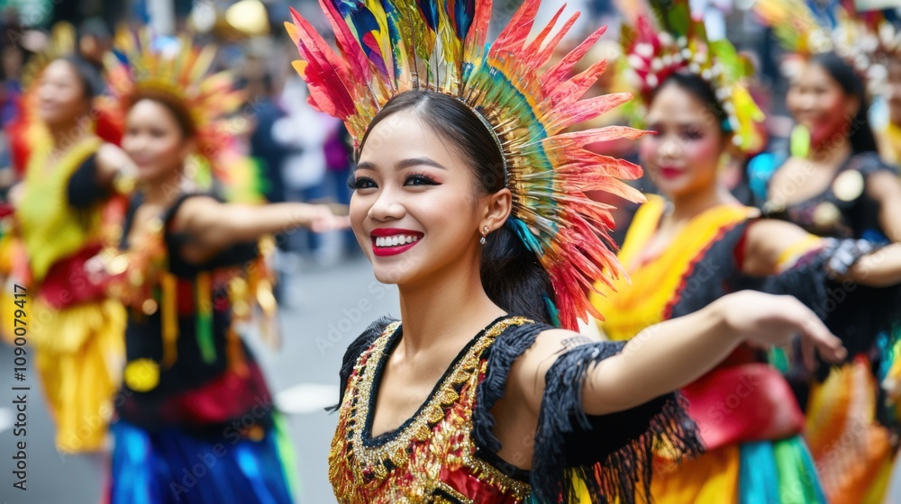 Poster a cultural parade with vibrant floats and performers from different ethnicities celebrating unity in
