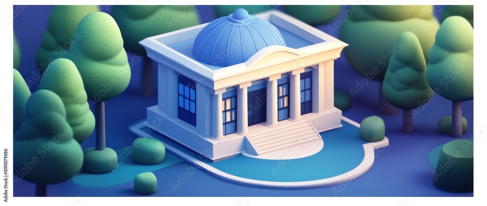 Poster a stylized building with a dome, surrounded by trees and greenery.
