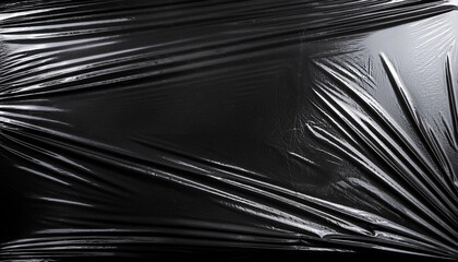 Obraz premium Transparent plastic wrap on the black background. Clean blank texture overlay effect template. Isolated wrinkle surface branding mock-up.