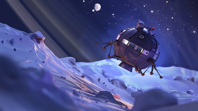 The spacecraft is equipped with advanced technology, symbolizing exploration of the outer solar system