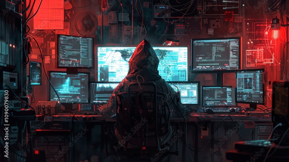 Poster a hooded figure works intently at multiple computer screens in a dark room.