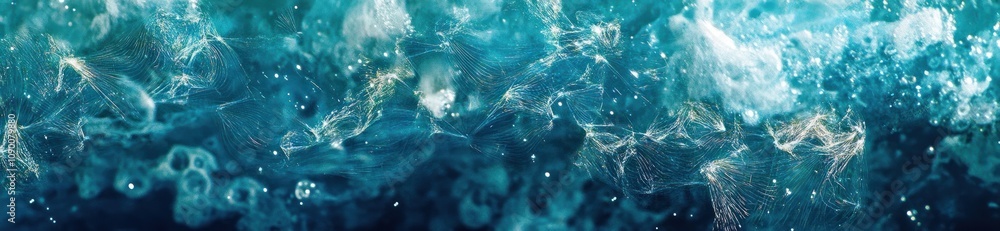 Poster abstract representation of ocean waves with vibrant blue tones and fluid motion.