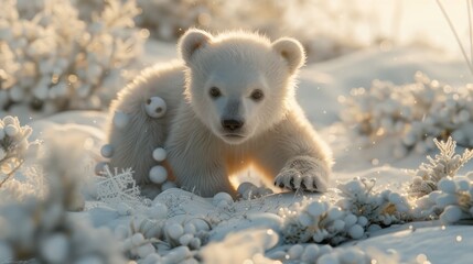 Obraz premium Adorable polar bear cub playing in snowy landscape.