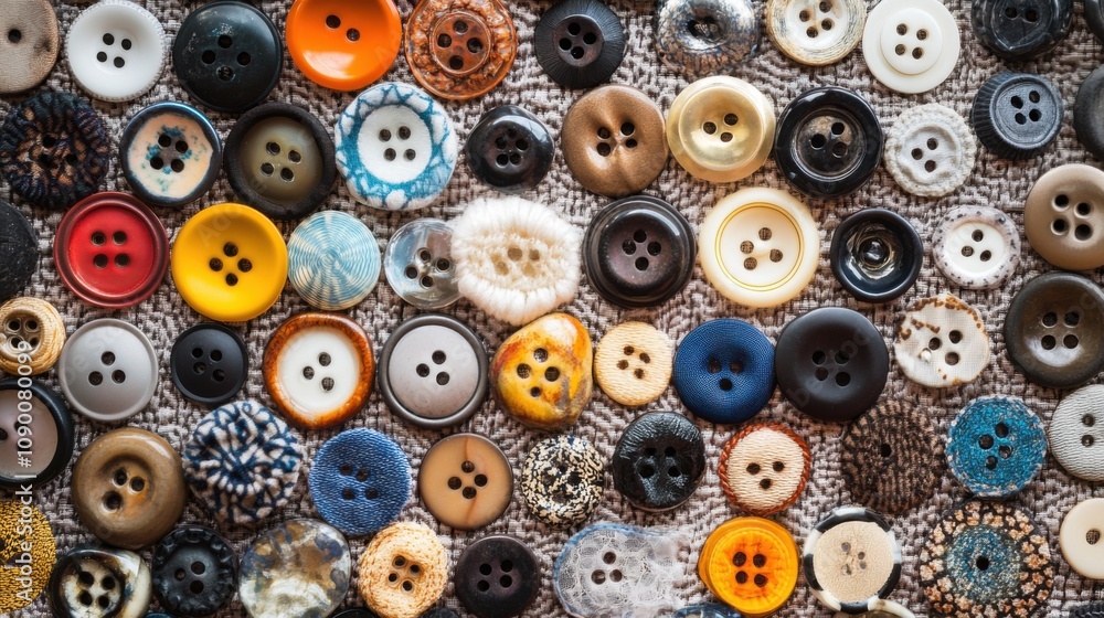 Poster A diverse array of buttons sewn onto a single fabric, Illustrating the strength and cohesion achieved through diverse elements, minimalist composition