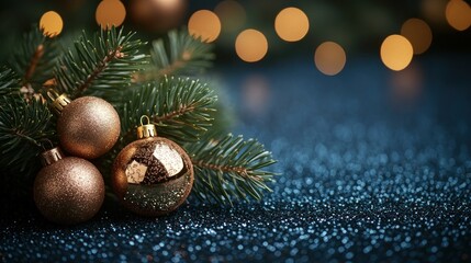 Obraz premium Festive Christmas ornaments and pine branch on glitter.
