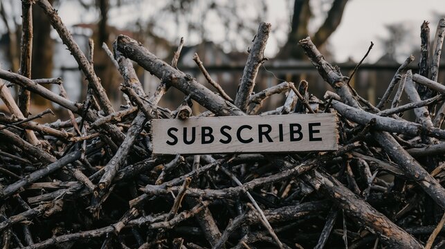 Rustic wooden subscribe sign on a pile of branches outdoors