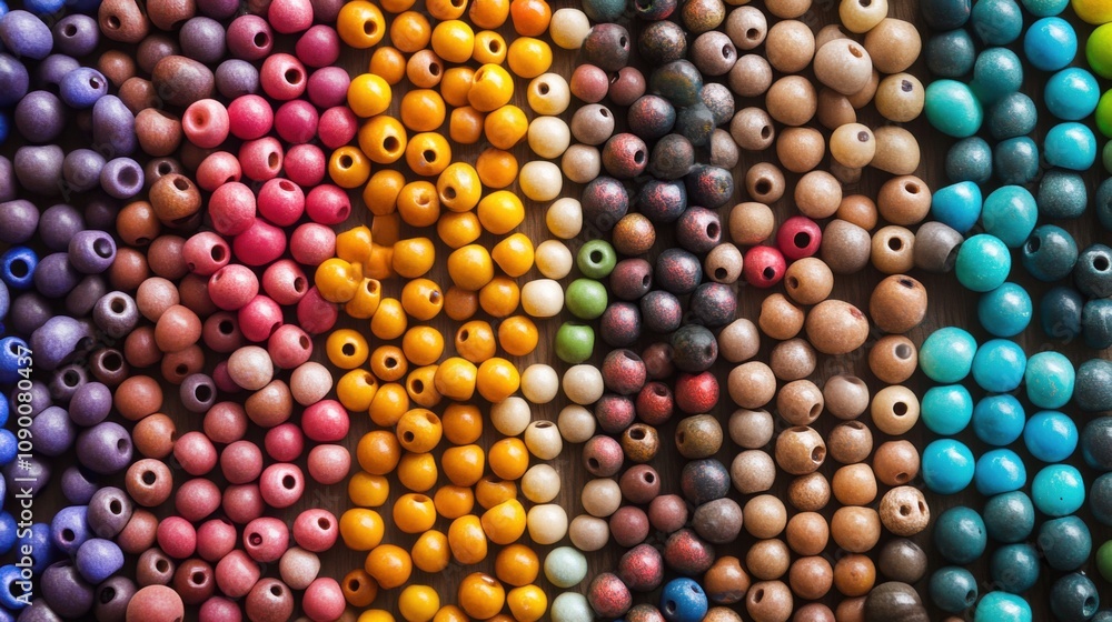 Poster a diverse array of colorful beads forming a cohesive pattern, illustrating the intricate and harmoni