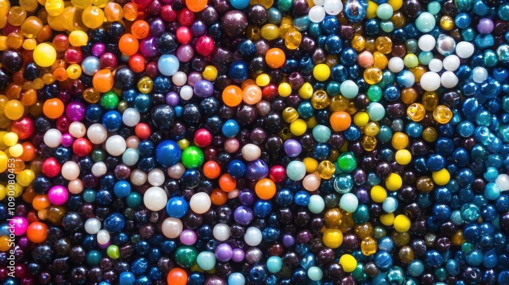 Poster a diverse array of colorful beads forming a cohesive pattern, illustrating the intricate and harmoni