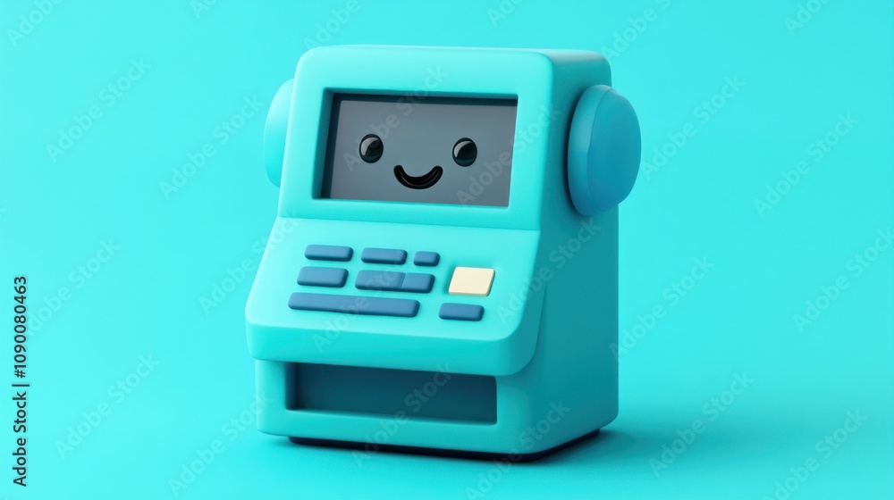 Poster A cute, blue cartoonish computer with a smiling face and buttons for interaction.