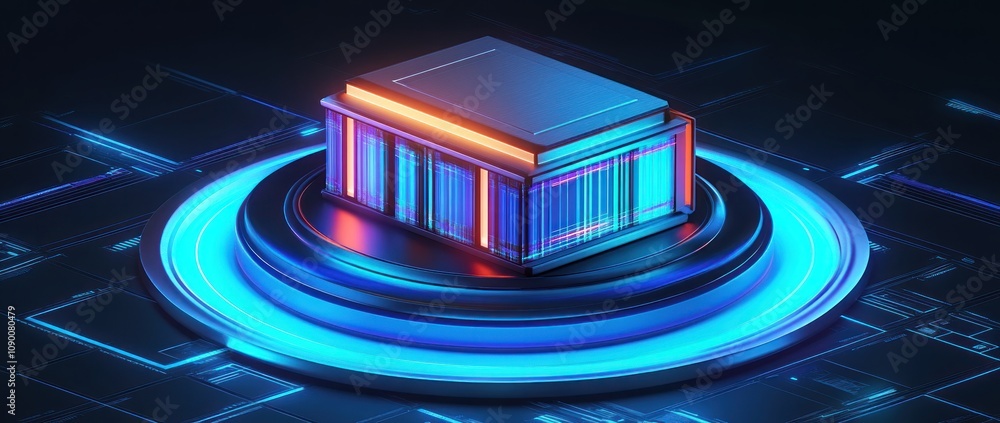 Poster a stylized 3d representation of a computer chip with glowing elements on a digital background.
