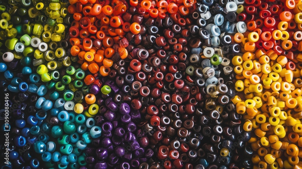 Poster a diverse array of colorful beads forming a cohesive pattern, illustrating the intricate and harmoni