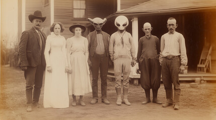 Alien family posing with humans in a vintage 1800s setting, surreal retro sci-fi theme