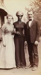 Vintage 1800s alien and human family photo, surreal science fiction concept