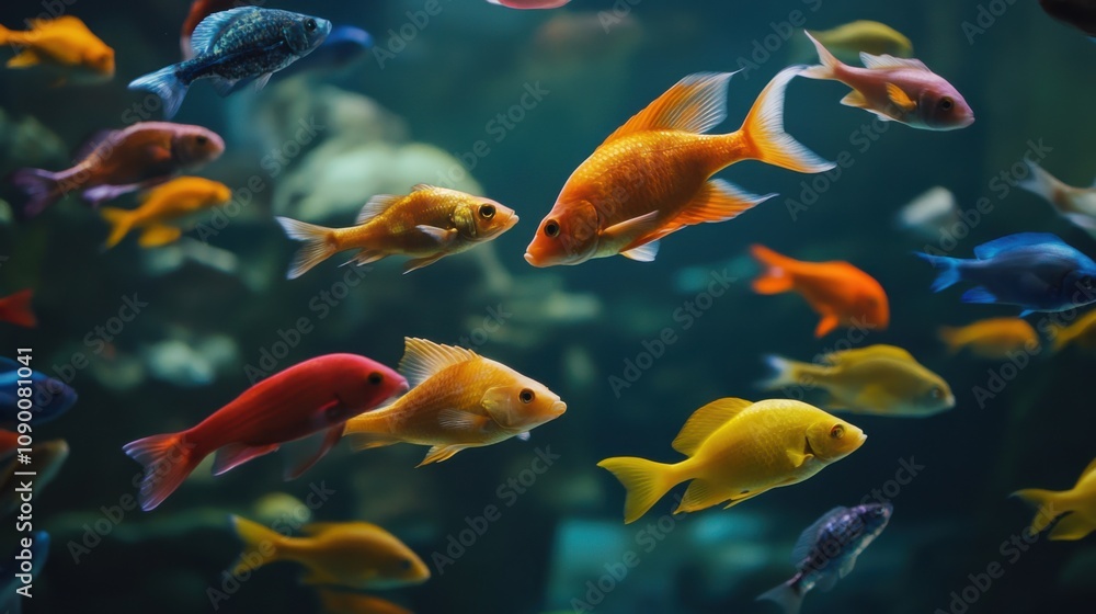 Poster a diverse array of colorful fish swimming together, symbolizing the unity and cooperation in diverse