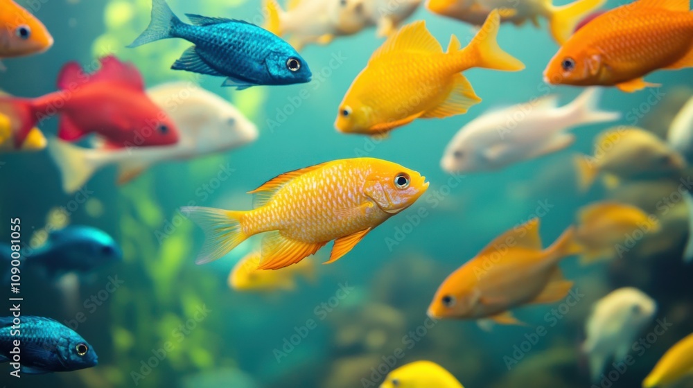 Poster A diverse array of colorful fish swimming together, Symbolizing the unity and cooperation in diverse ecosystems, minimalist composition