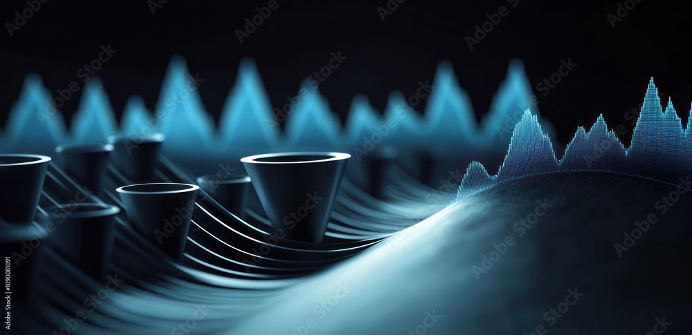 Aufkleber Abstract representation of sound waves and audio elements in a digital landscape.