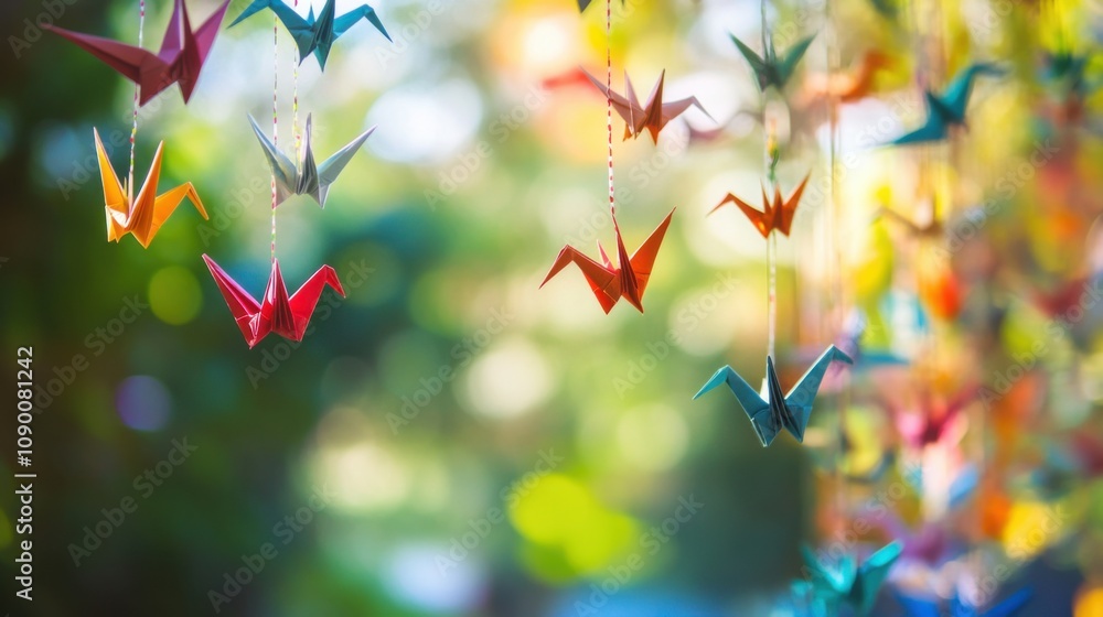 Poster A diverse array of colorful paper cranes hanging together in a serene garden, symbolizing hope and unity, minimalist composition