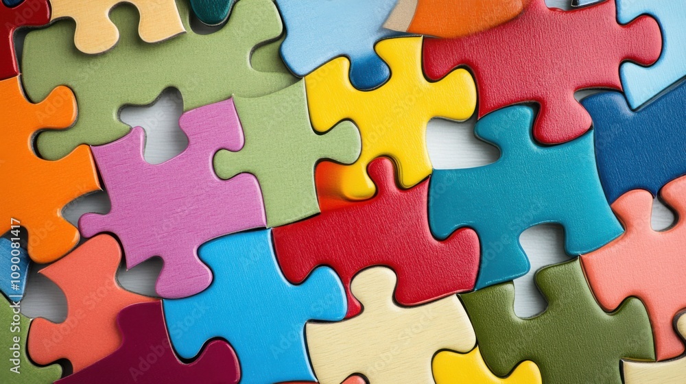 Aufkleber A diverse array of colorful puzzle pieces fitting together, Symbolizing the integration and harmony of diverse identities, minimalist composition