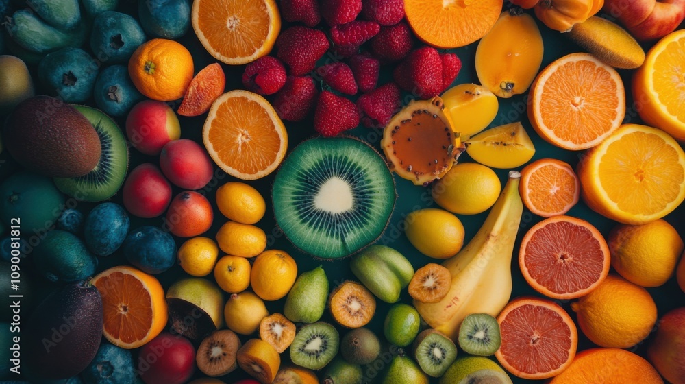 Poster A diverse array of fruits arranged in a circular pattern, Symbolizing the richness and vitality of a diverse society, minimalist composition