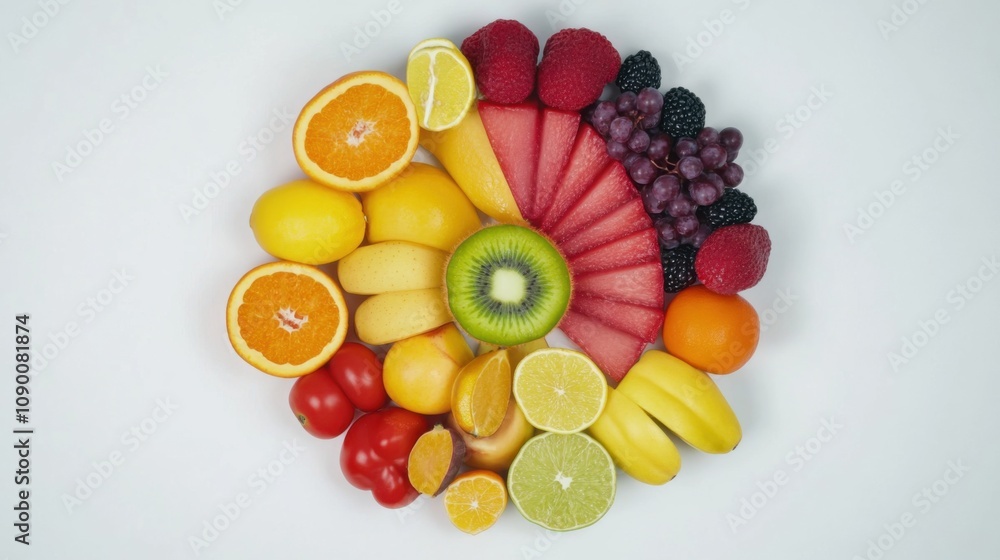 Aufkleber A diverse array of fruits arranged in a circular pattern, Symbolizing the richness and vitality of a diverse society, minimalist composition