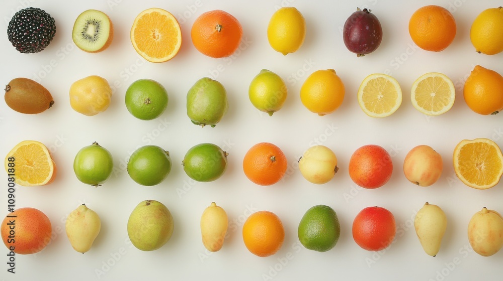 Poster A diverse array of fruits arranged in a circular pattern, Symbolizing the richness and vitality of a diverse society, minimalist composition