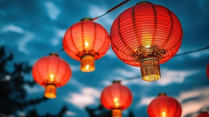 Obraz premium A vibrant display of red lanterns glowing against a twilight sky, creating a festive and enchanting atmosphere.