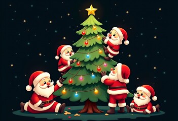 Cute and Fluffy Santa Clauses Forming a Festive Christmas Tree, Decorating with Bright Lights and Colorful Baubles on a Black Canvas