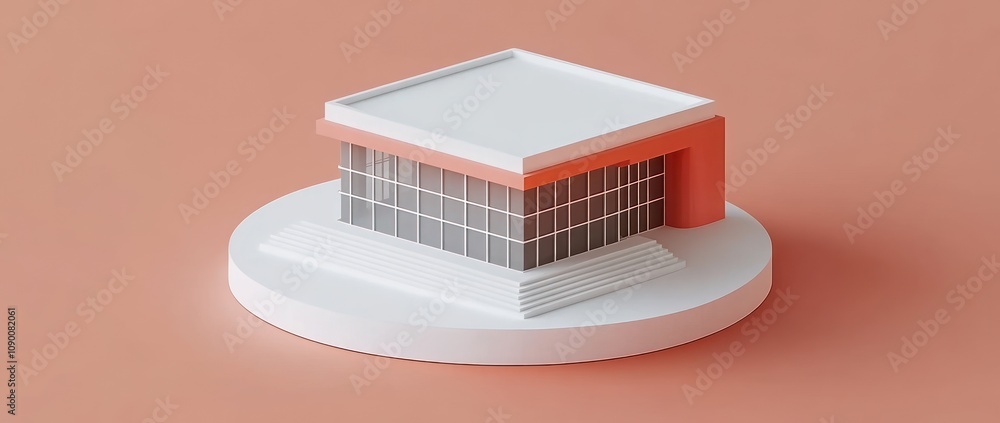 Poster a modern architectural model featuring a sleek building design with a minimalist aesthetic.