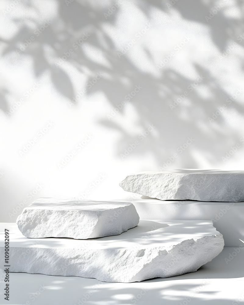 Poster three white stones on a surface with soft shadows, creating a minimalist aesthetic.