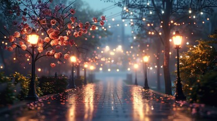 Obraz premium A serene, illuminated pathway lined with cherry blossoms in fog.
