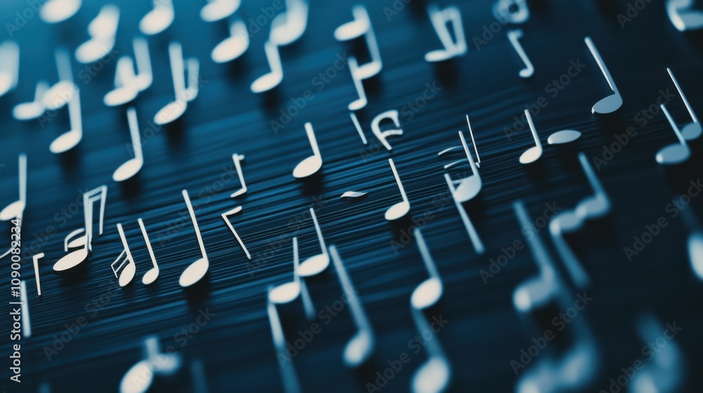 Poster A diverse array of musical notes forming a symphony on a staff, Representing the harmonious and inclusive nature of diverse contributions, minimalist composition