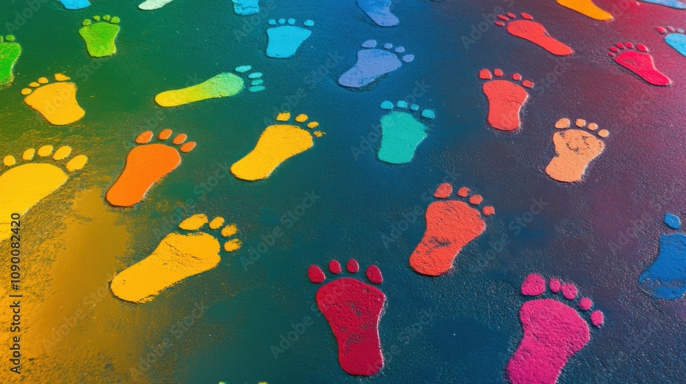 Poster a diverse array of people鈥檚 footprints in different colors forming a path, symbolizing the journey t