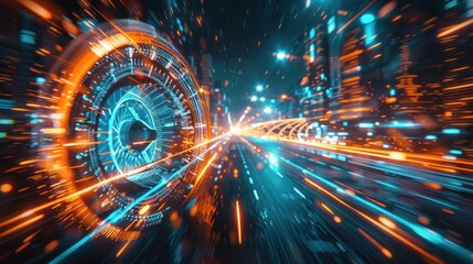 Fototapeta premium Futuristic city highway with glowing digital interface.