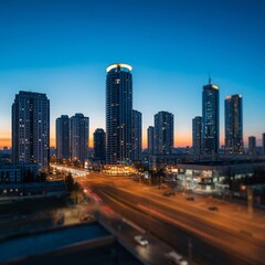 Naklejka premium Sunset over an urban skyline with high-rise buildings silhouetted against the sky