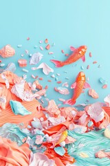 Obraz premium Vibrant koi fish swimming through colorful coral underwater scene digital art playful environment artistic viewpoint nature concept