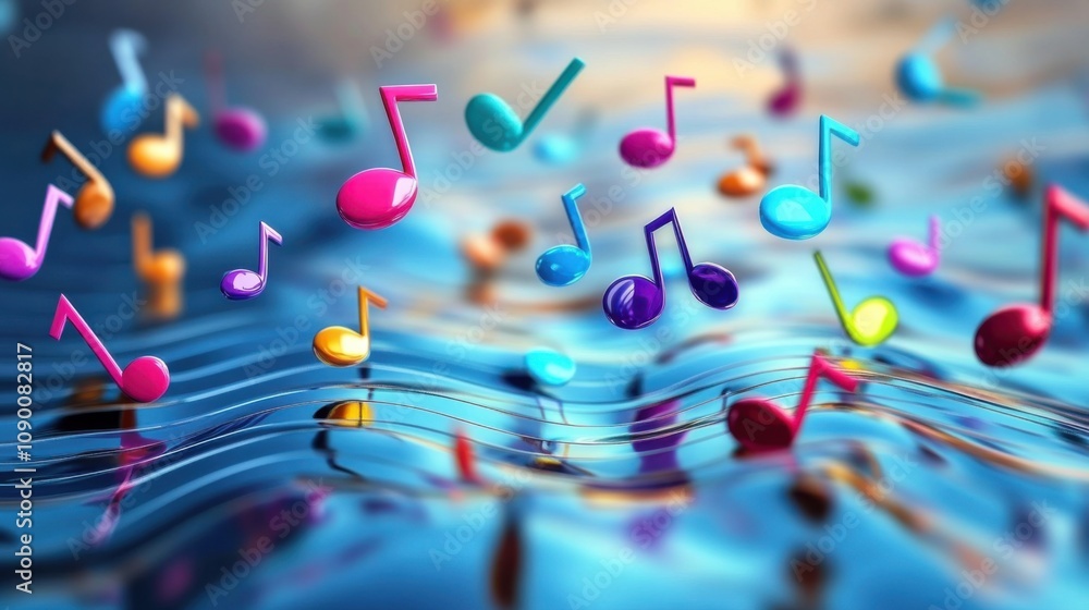 Poster a diverse collection of musical notes in various colors and styles floating on a staff, symbolizing 
