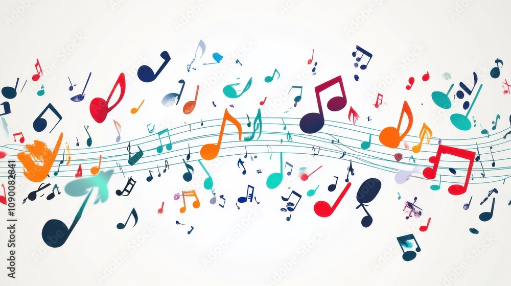 Poster A diverse collection of musical notes in various colors and styles floating on a staff, symbolizing the harmony of diverse sounds, minimalist composition