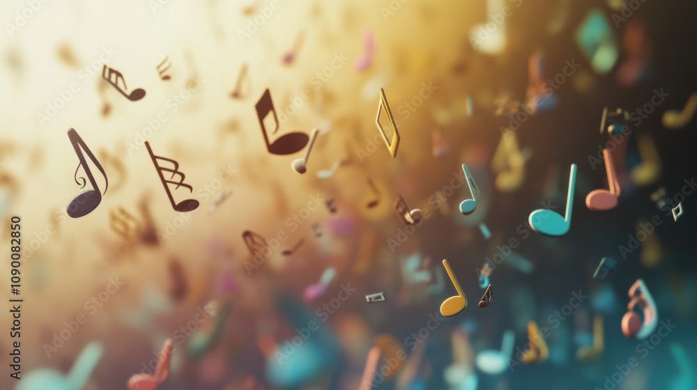 Poster A diverse collection of musical notes in various colors and styles floating on a staff, symbolizing the harmony of diverse sounds, minimalist composition