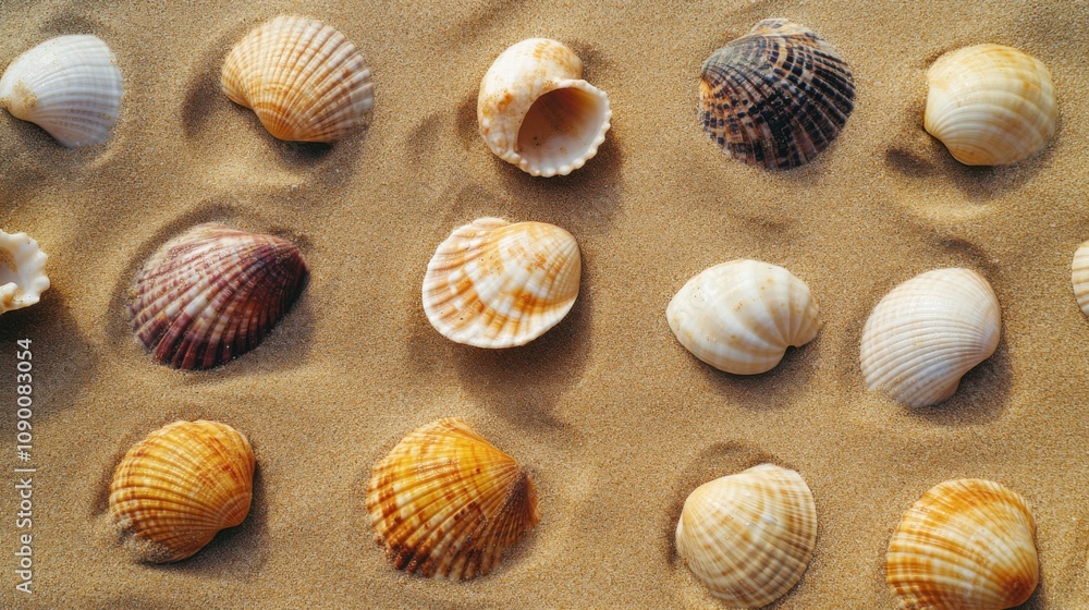 Poster a diverse collection of shells forming a cohesive pattern on the sand, illustrating the natural beau
