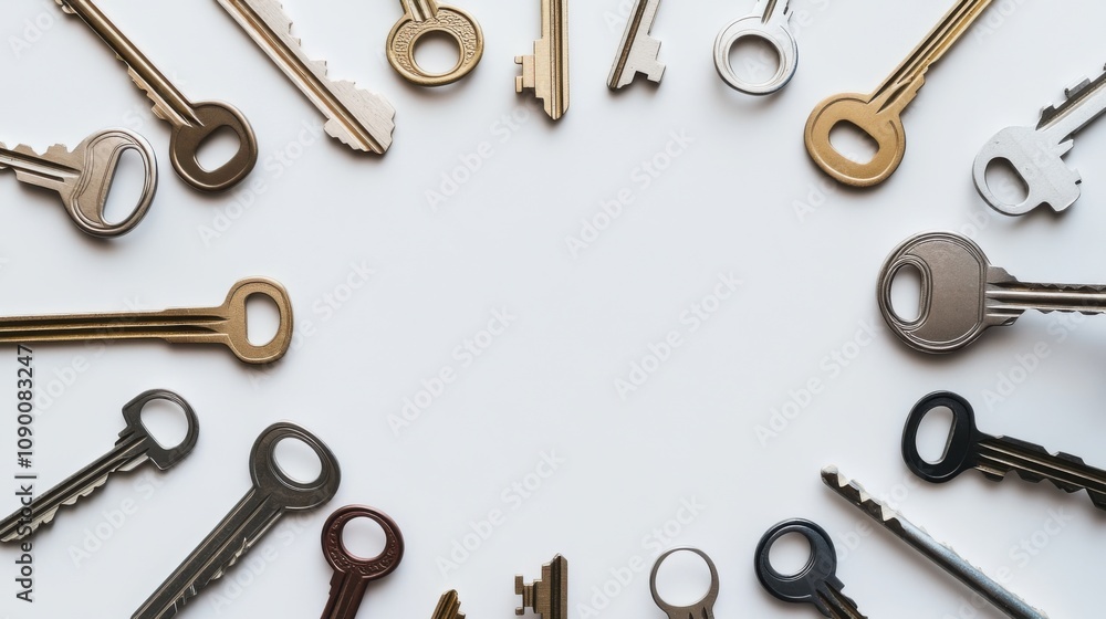 Poster A diverse group of keys arranged in a circle, Symbolizing the unlocking of potential through diversity, minimalist composition