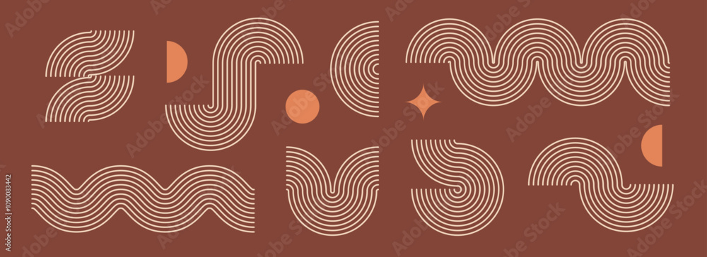 Poster Boho linear element collection. Brown wave and arc forms design. Mid century curves and arches set. Bohemian decorative ornamental shape bundle for badge, icon, poster, banner, template. Vector