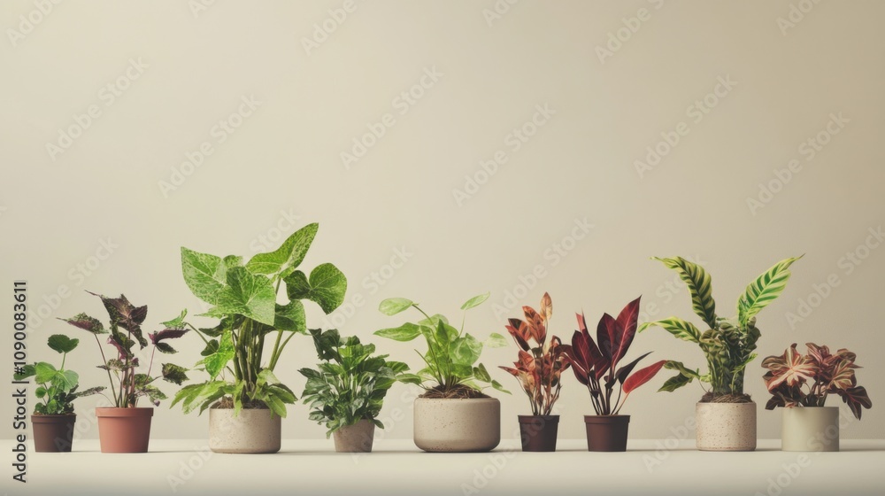 Poster a diverse group of plants with different shapes and colors growing harmoniously in a single pot, sym