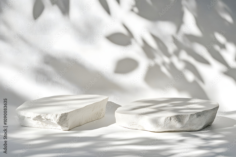 Poster two abstract white stones casting shadows on a textured surface, creating a serene composition.