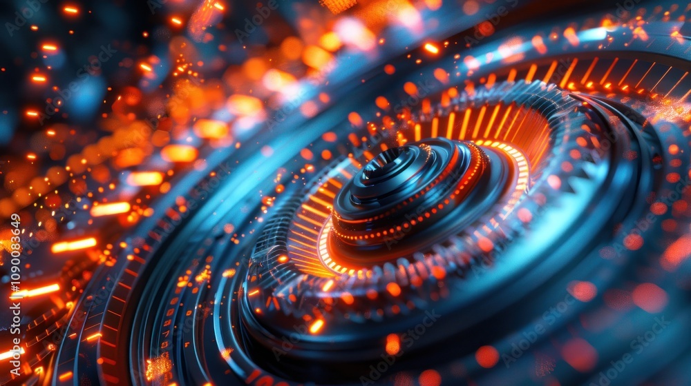 Poster abstract technological rotating mechanism with glowing orange and blue elements.