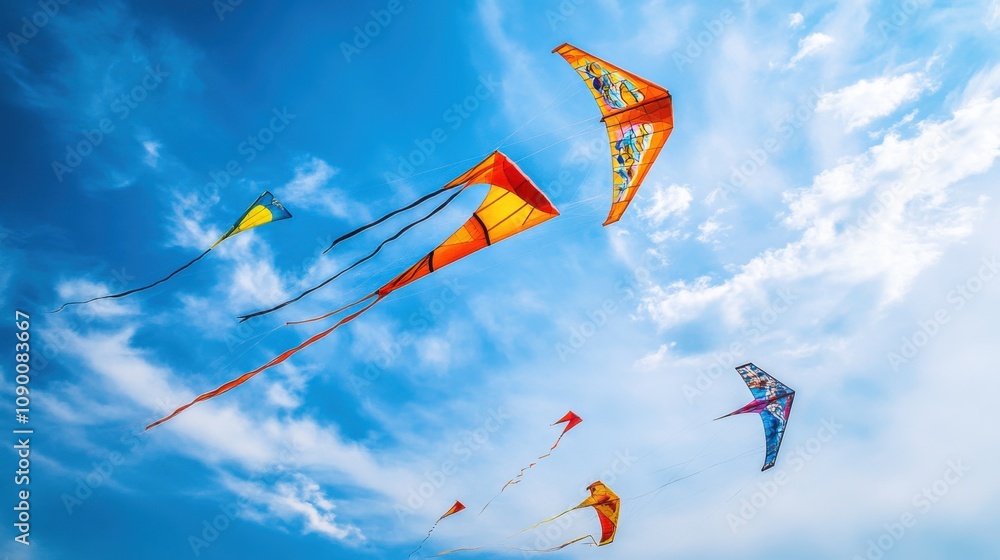 Poster a diverse range of colorful kites flying in the sky, symbolizing the freedom and joy of diverse expr