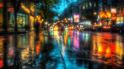 Fototapeta premium Rainy night city street reflections.