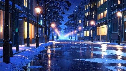 Snowy night street with glowing lights and falling snow in anime style